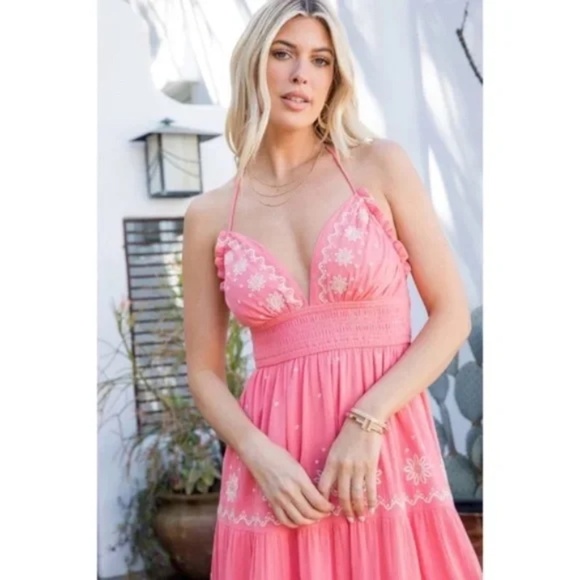 Rose Embroidered Floral Smocked Waist Gauze Summer Casual Halter Maxi Dress - Picture 3 of 7